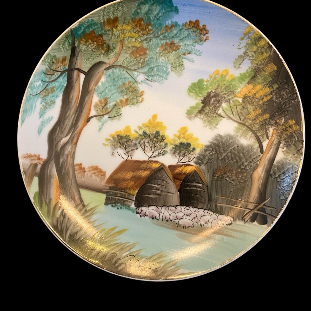 Vintage Japanese Porcelain Wall Plates Pair Hand Painted Landscape Cottage Signe